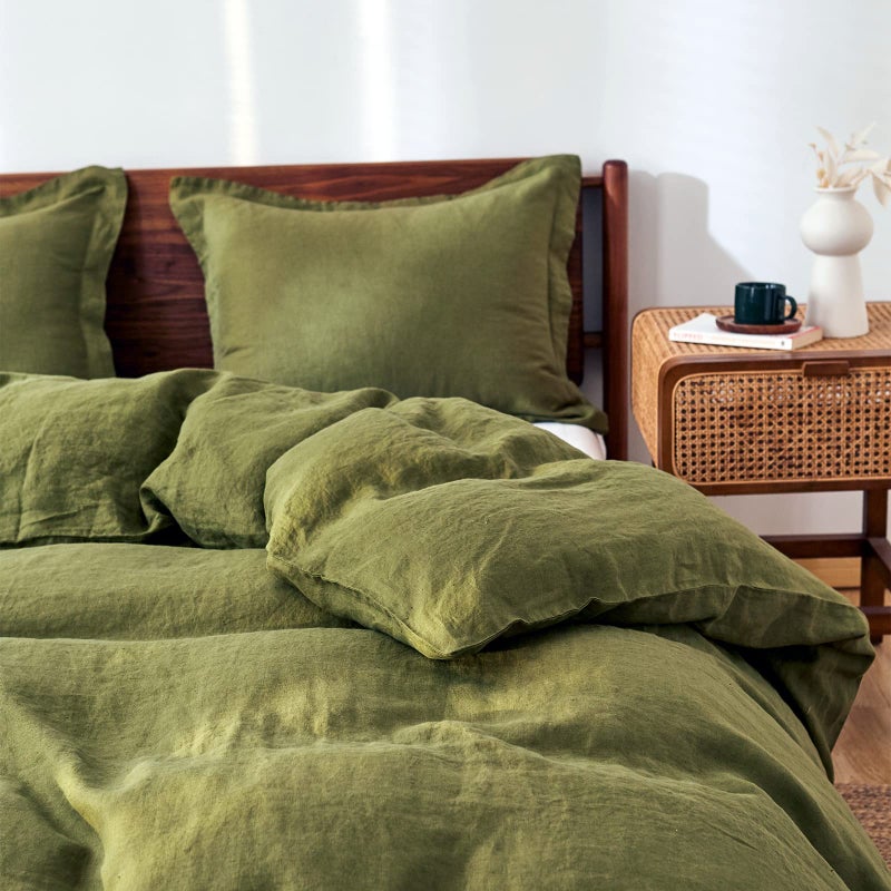 Simple&Opulence 100% Linen Duvet Cover Set 2pcs Basic Style Natural French Washed Flax Solid Color Soft Breathable Farmhouse Bedding with Button Closure - Olive Green, Twin - Image 1